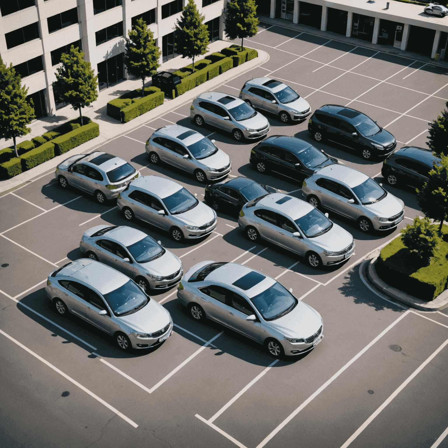A secure parking lot with various anti-theft devices visible on parked cars, including steering wheel locks and alarm systems