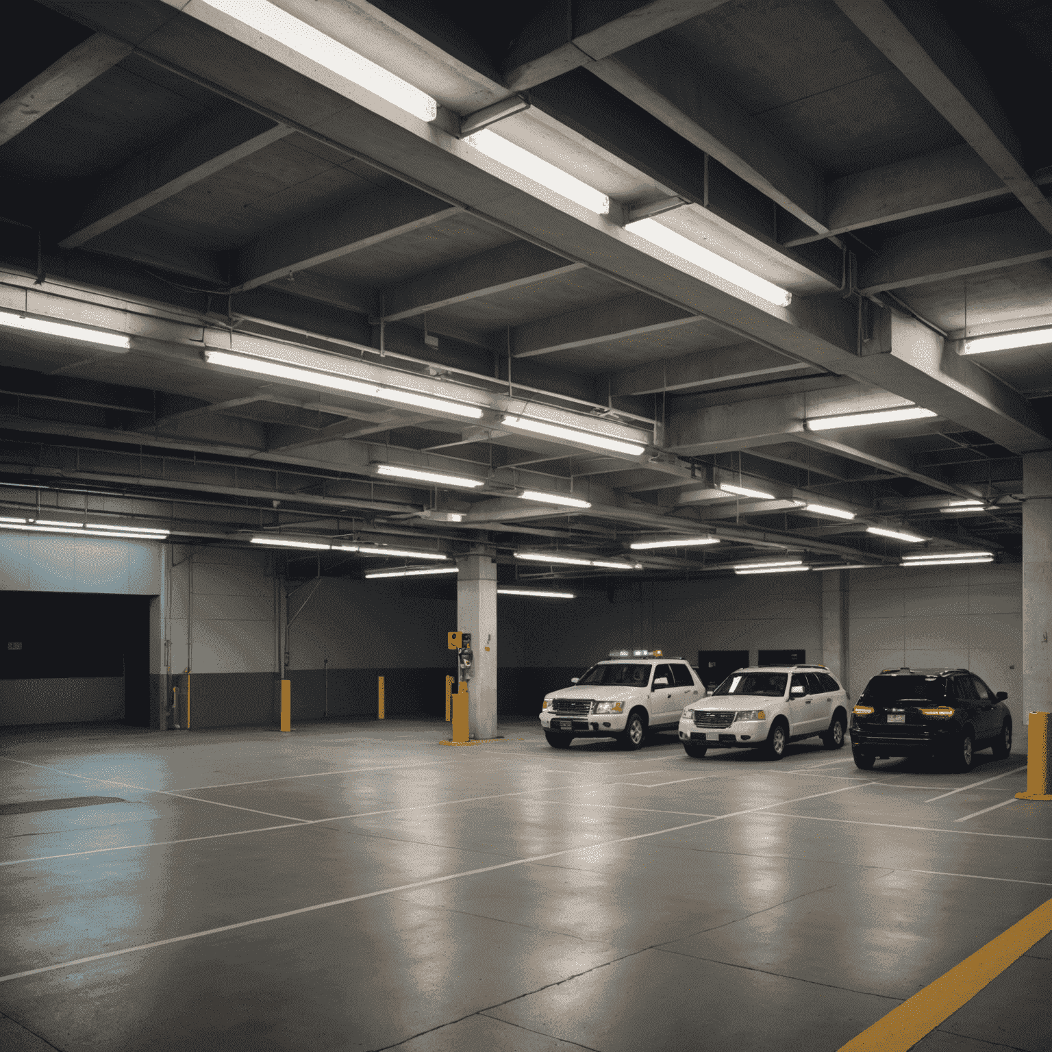 A well-lit parking garage with security cameras visible, showcasing a safe environment for parked vehicles