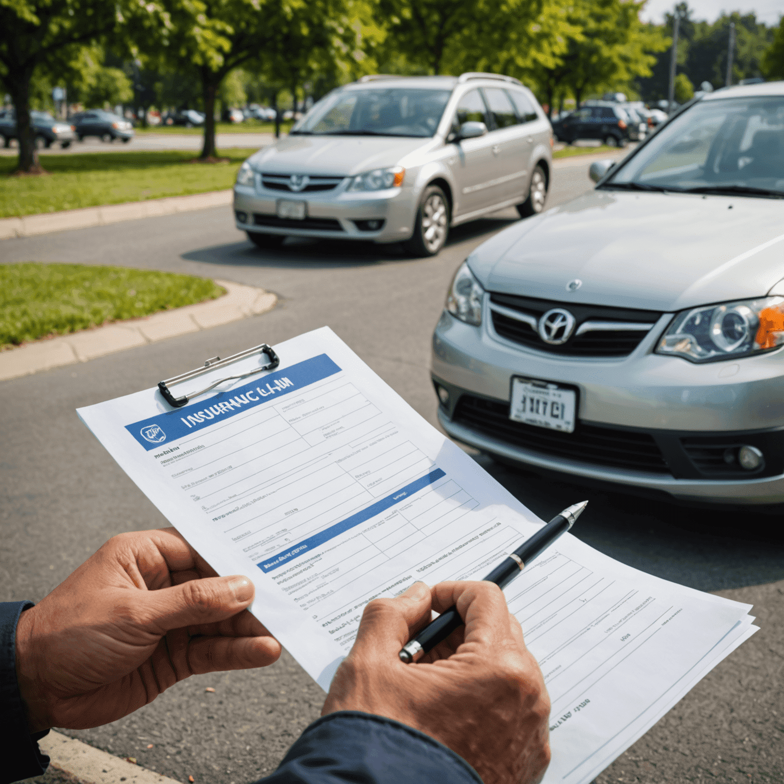 A person filling out insurance claim forms with a car in the background